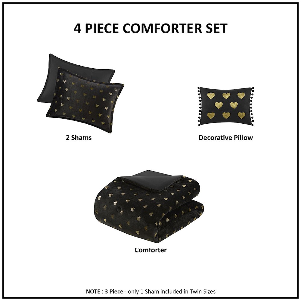 Printed Plush Comforter Set with Throw Pillow in Black/Gold Color. Picture 1