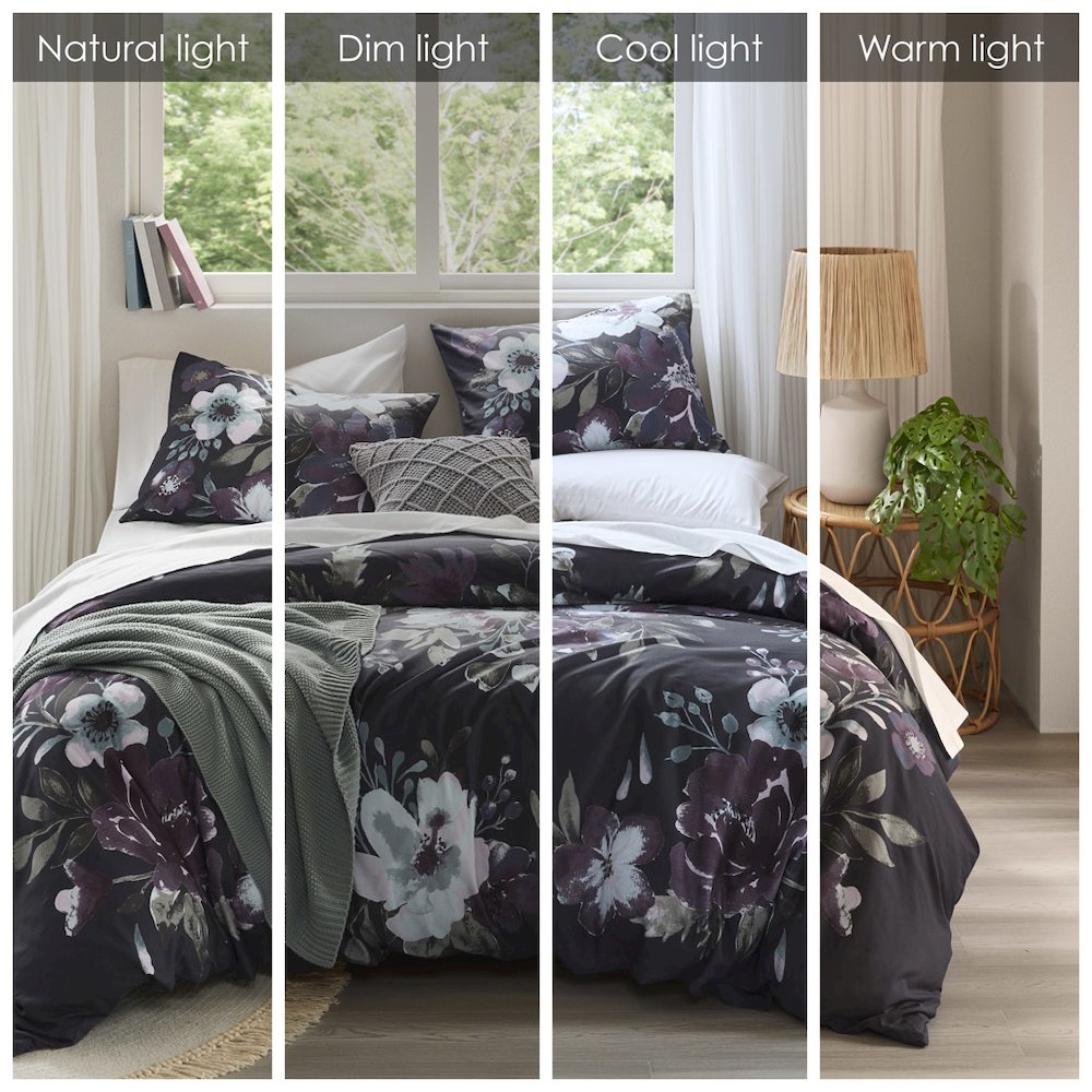 Jolene 3 Piece Cotton Duvet Cover Set, Dark Grey/Plum color. Picture 2