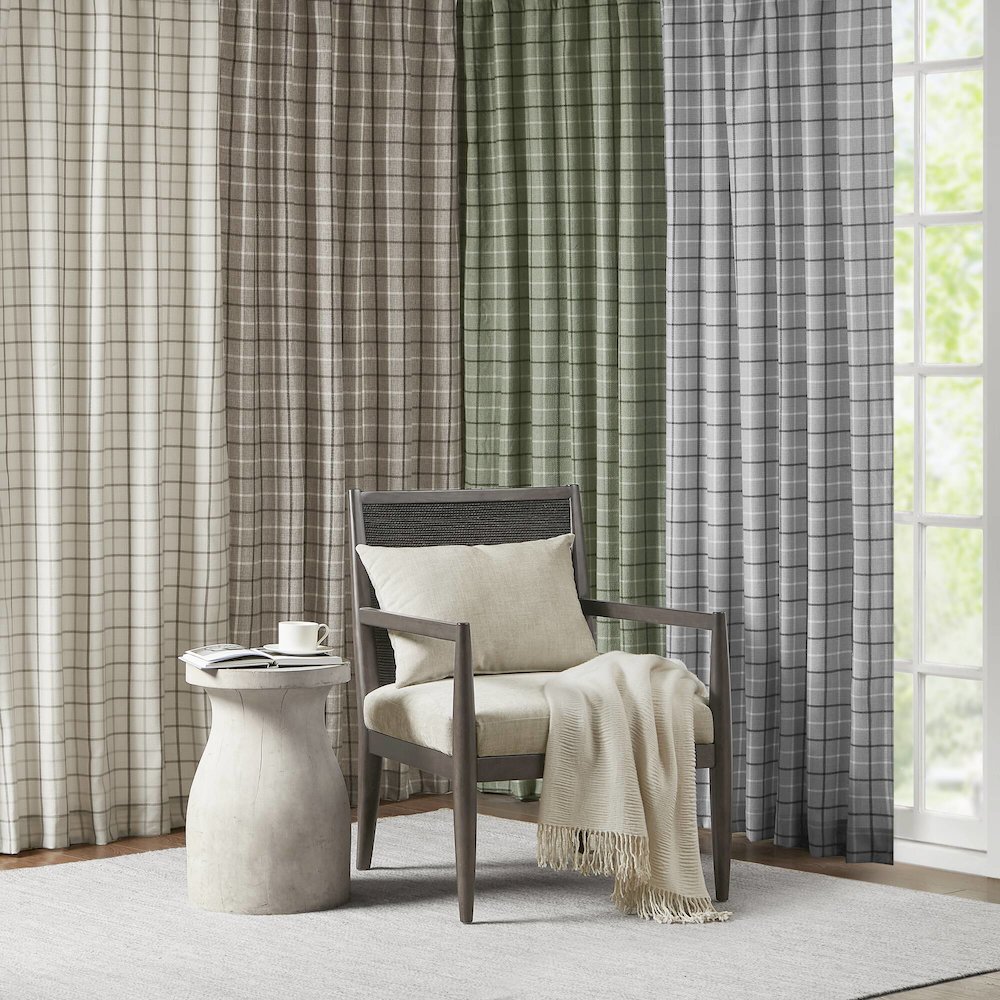 Plaid Faux Leather Tab Top Curtain Panel with Fleece Lining. Picture 5