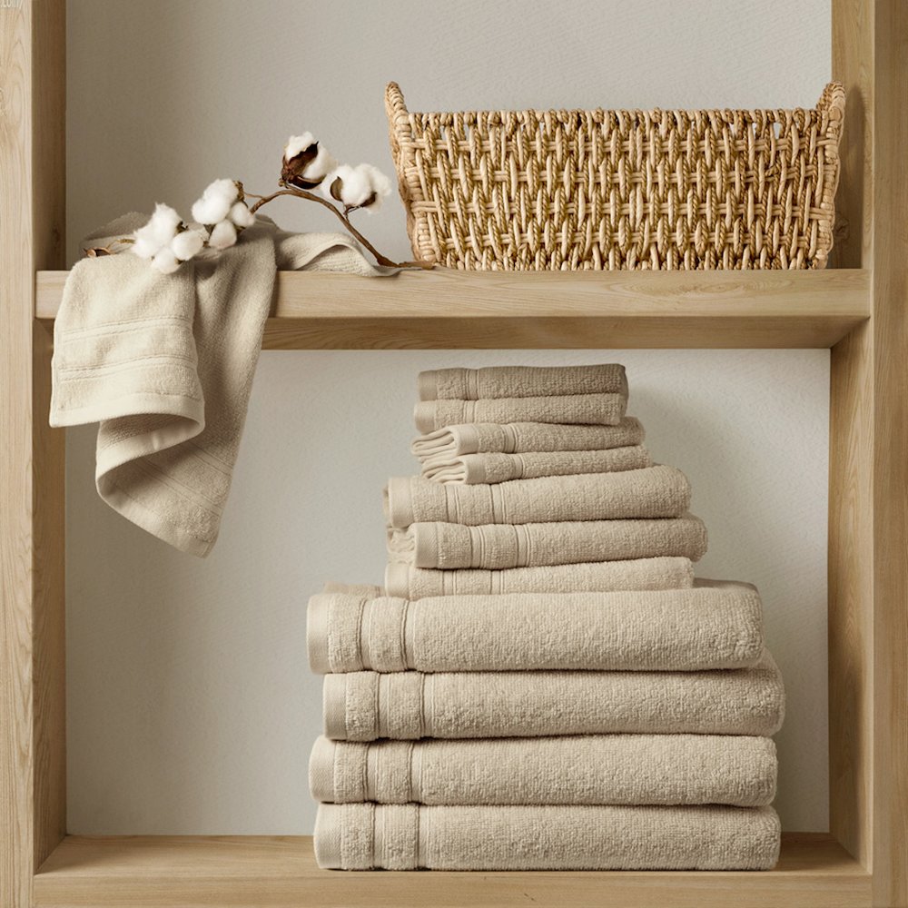 Quick Dry 100% Cotton 12pc Towel Set, Beige color. Picture 1