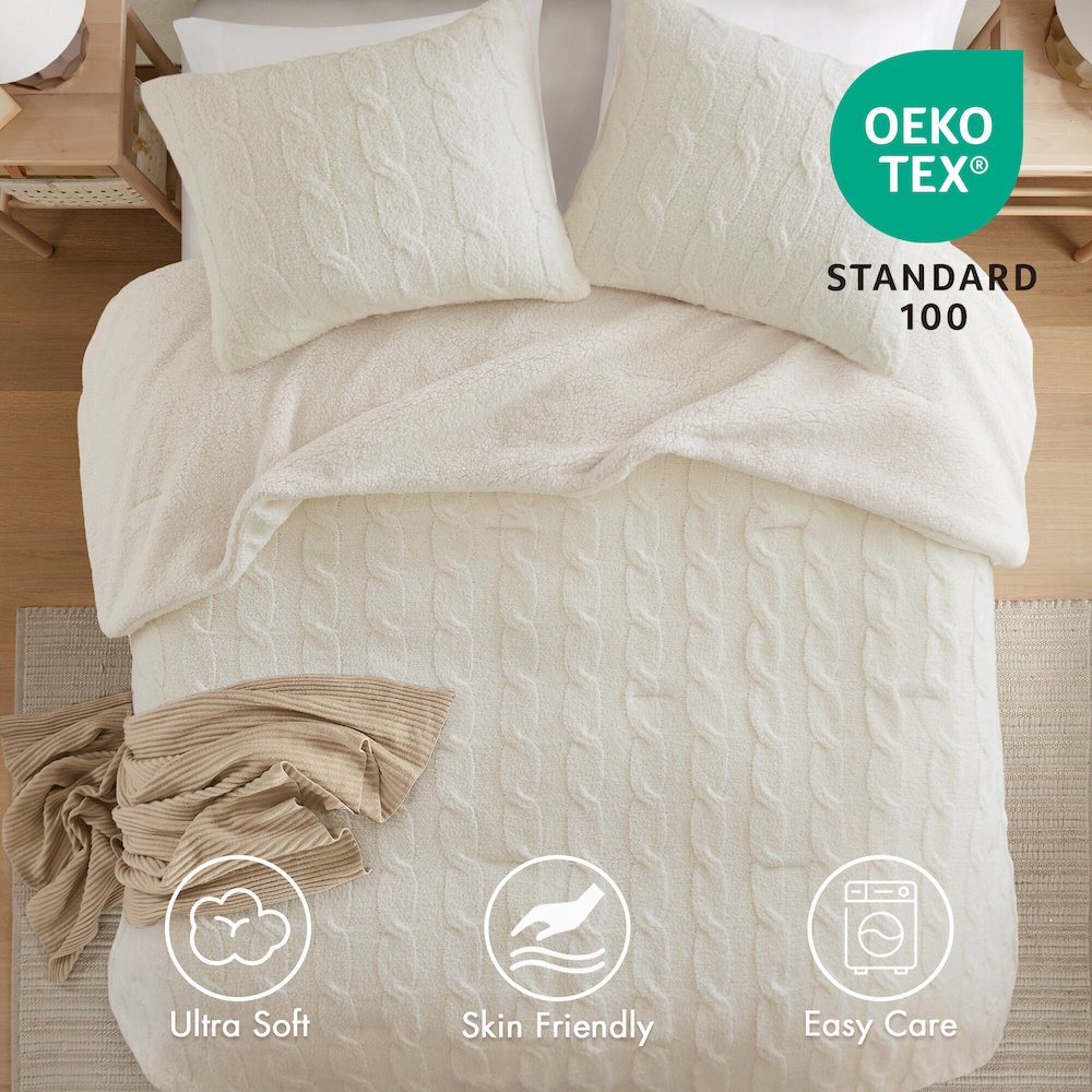 Riordan Cable Knit Chenille Comforter Set, Ivory color. Picture 3