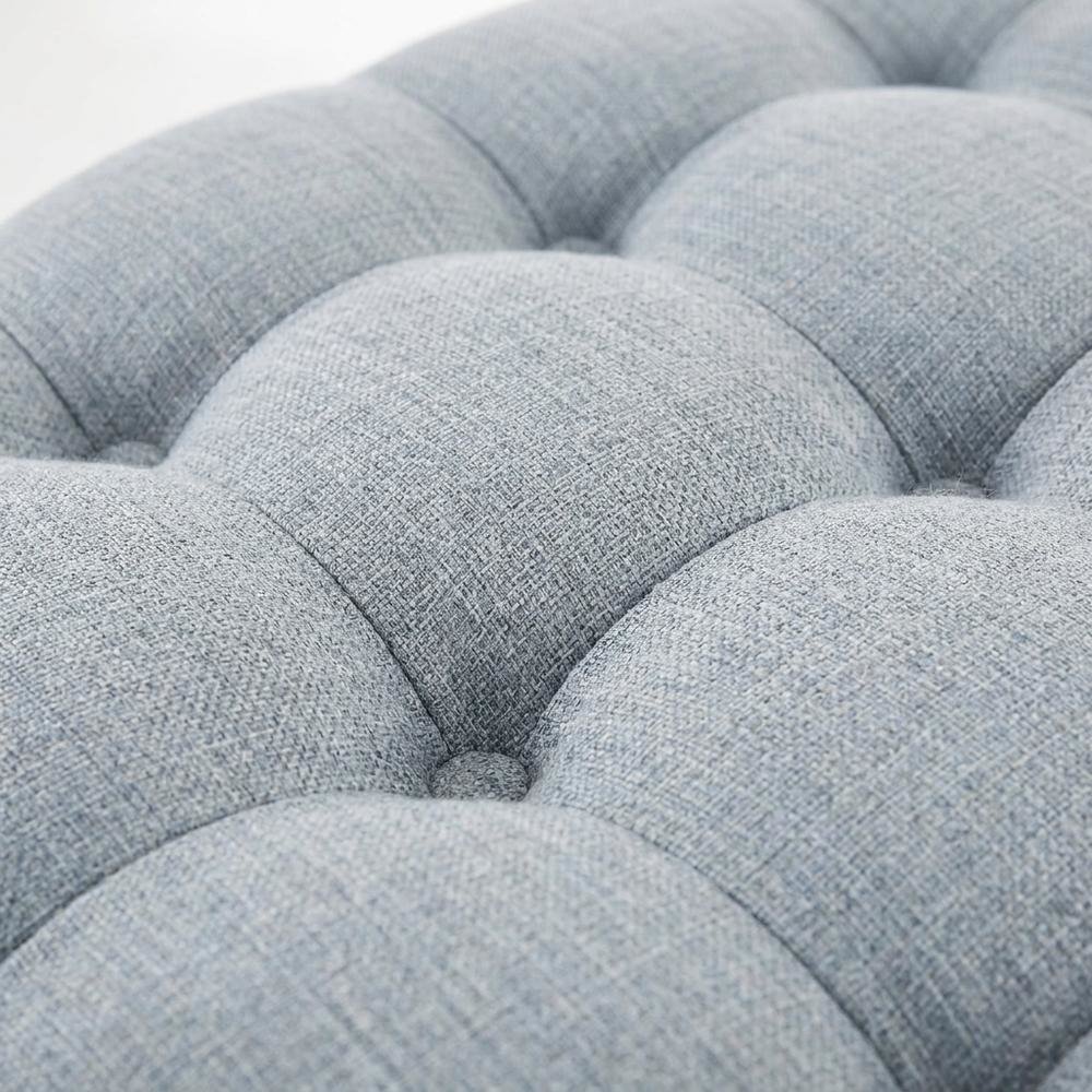 Light Blue Tufted Round Ottoman, Skirted Seat for Bedroom. Picture 6