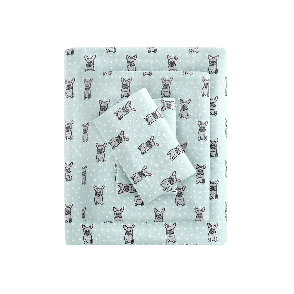 Cozy Flannel Printed Sheet Set, Aqua French Bulldog color. Picture 5