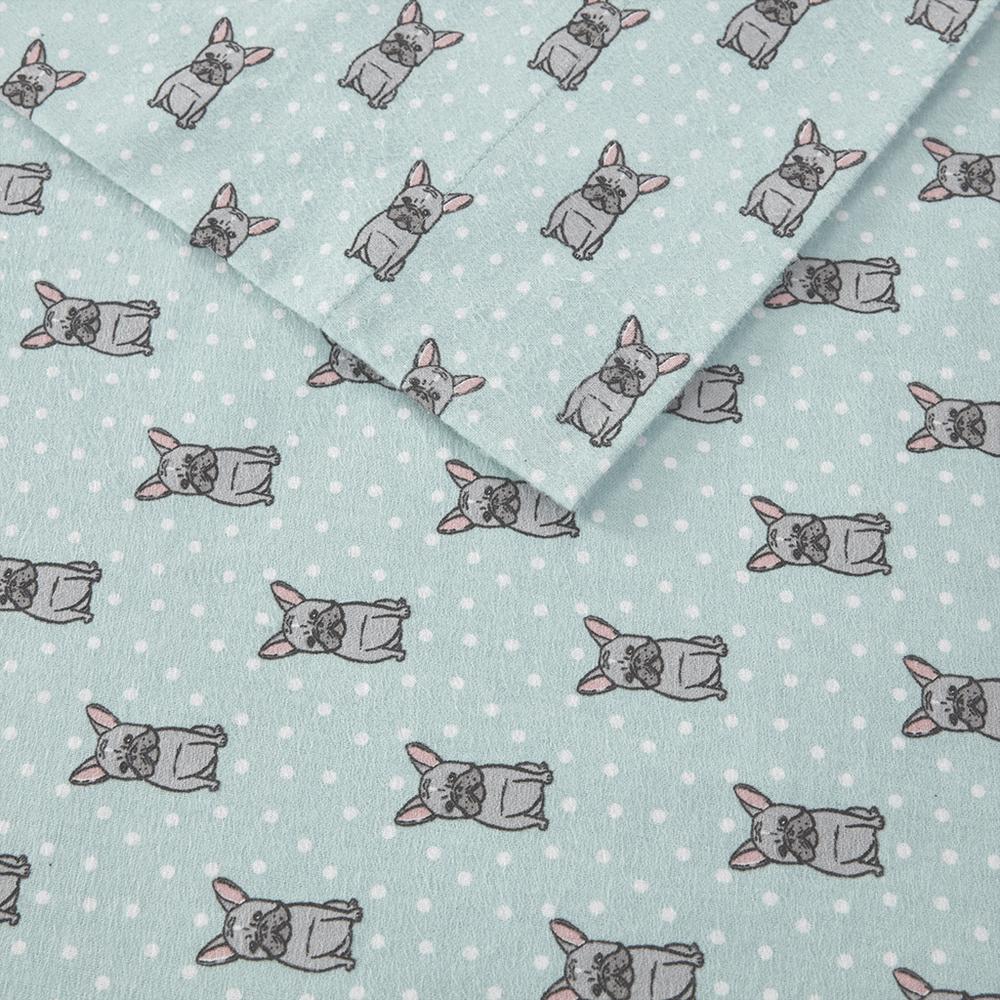 Cozy Flannel Printed Sheet Set, Aqua French Bulldog color. Picture 1