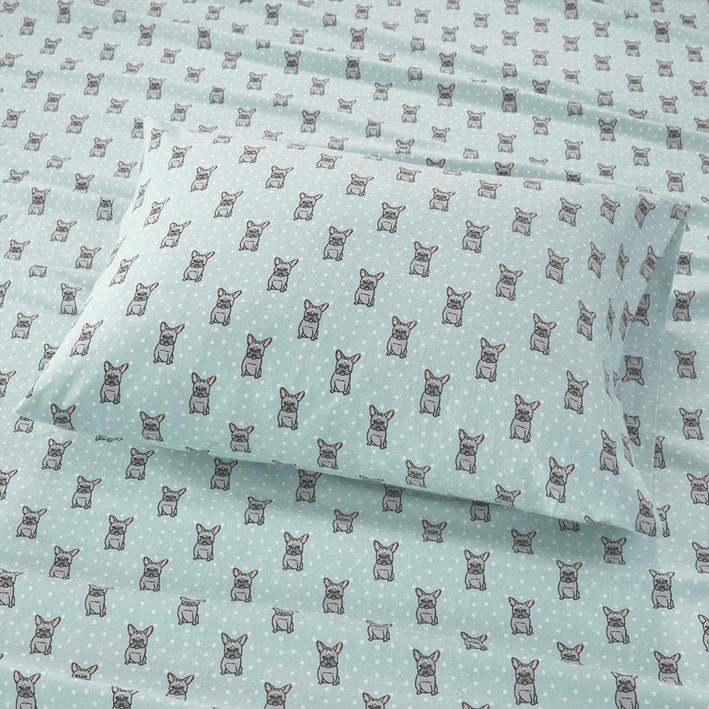 Cozy Flannel Printed Sheet Set, Aqua French Bulldog color. Picture 2