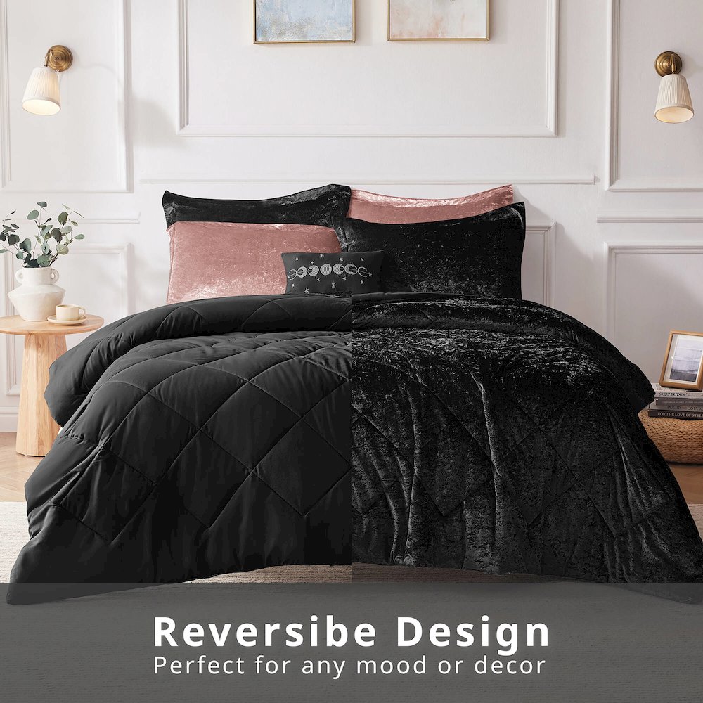 Felicia Velvet Comforter Set with Throw Pillow, Black color. Picture 3