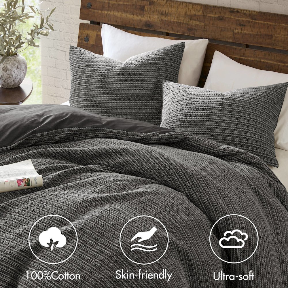 Lyon Waffle Washed Duvet Set, Charcoal color. Picture 5