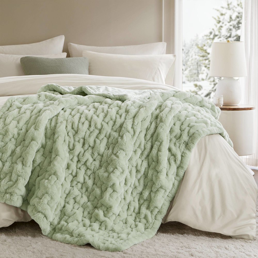 Ruched Fur Faux Fur Throw, Sage Green color. Picture 3