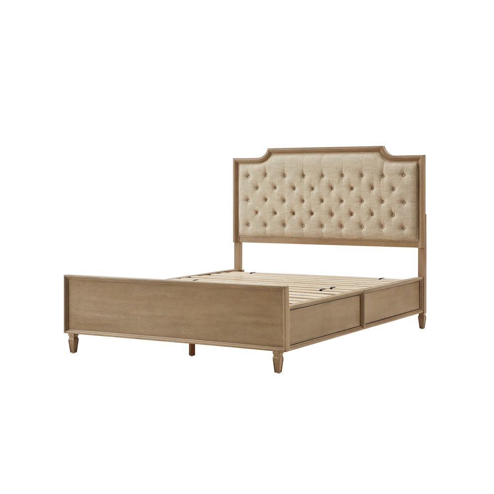 Victoria Wood Bed with Upholstered Headboard and Built-In Storage Drawer. Picture 1