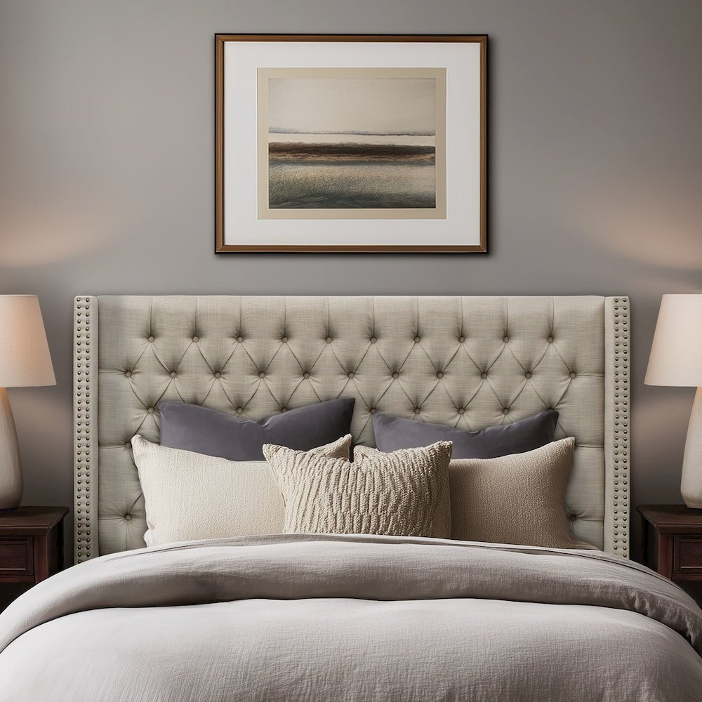 Amelia Upholstered Wingback Headboard with Button Tufting & Nailhead Trim. Picture 1