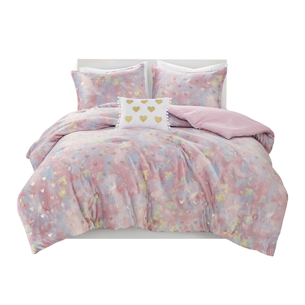 Metallic Printed Plush Comforter Set with Throw Pillow in Pink Multi/Gold Color. Picture 1