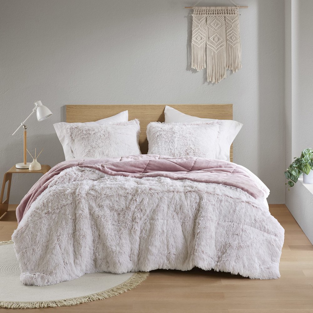 Malea Shaggy Faux Fur Comforter Mini Set in Pink/White Color. Picture 3