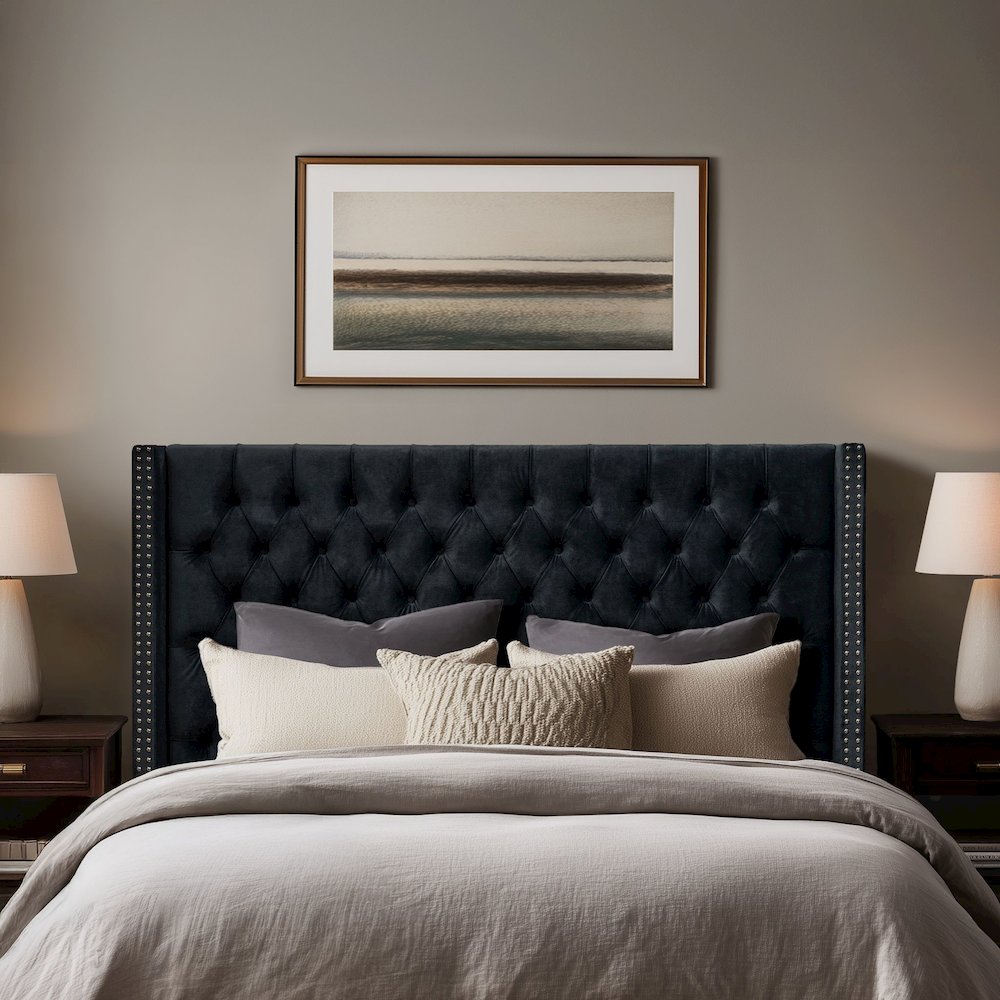 Amelia Upholstered Wingback Headboard with Button Tufting & Nailhead Trim. Picture 1