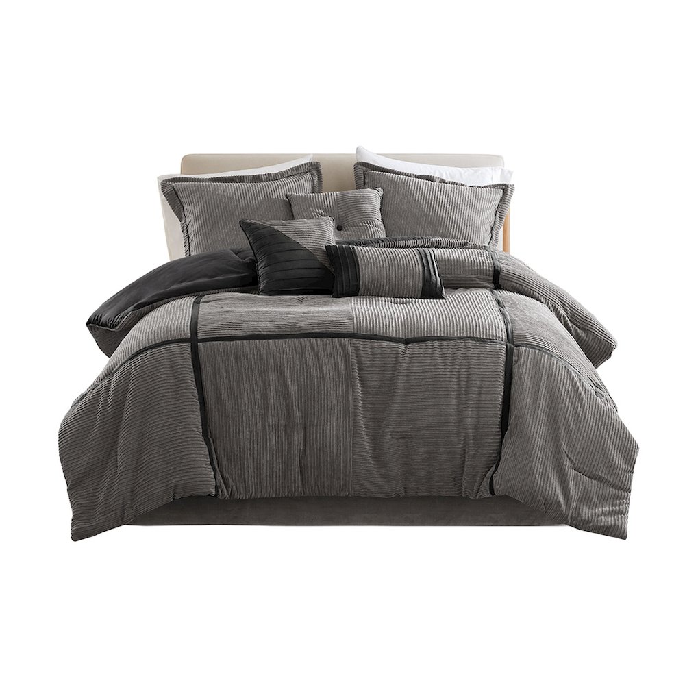 Dallas 7 Piece Micro Corduroy Comforter Set, Grey color. Picture 1
