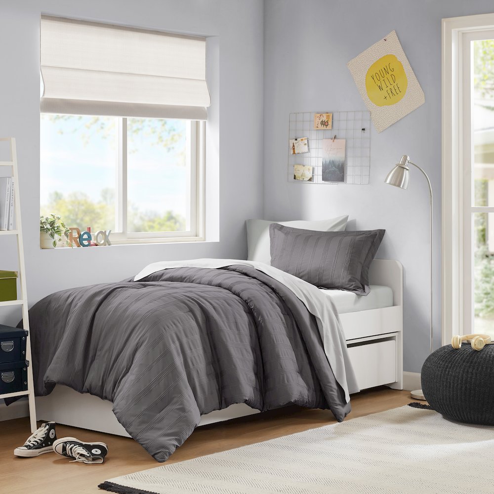 Logan Woven Striped Comforter Set, Charcoal color. Picture 1