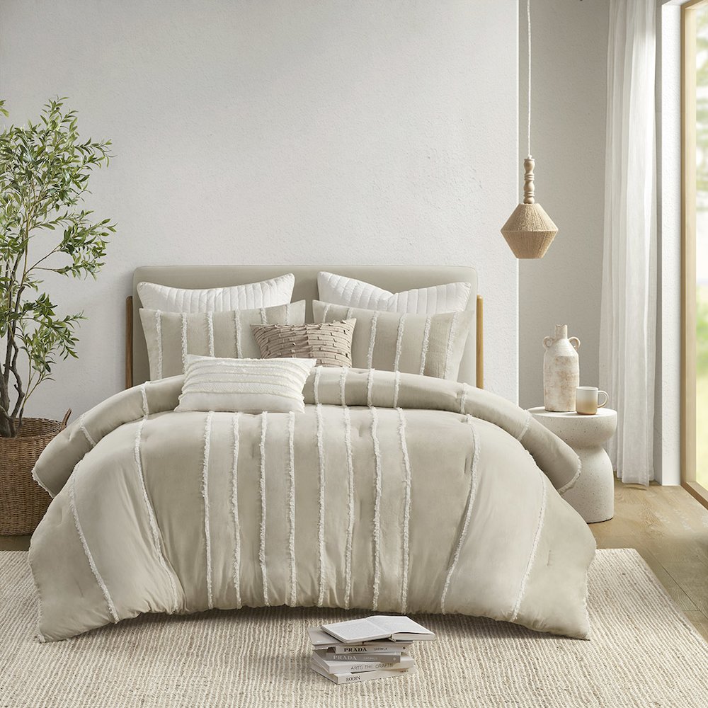 Shay 3 Piece Striped Cotton Comforter Set, Taupe color. Picture 4