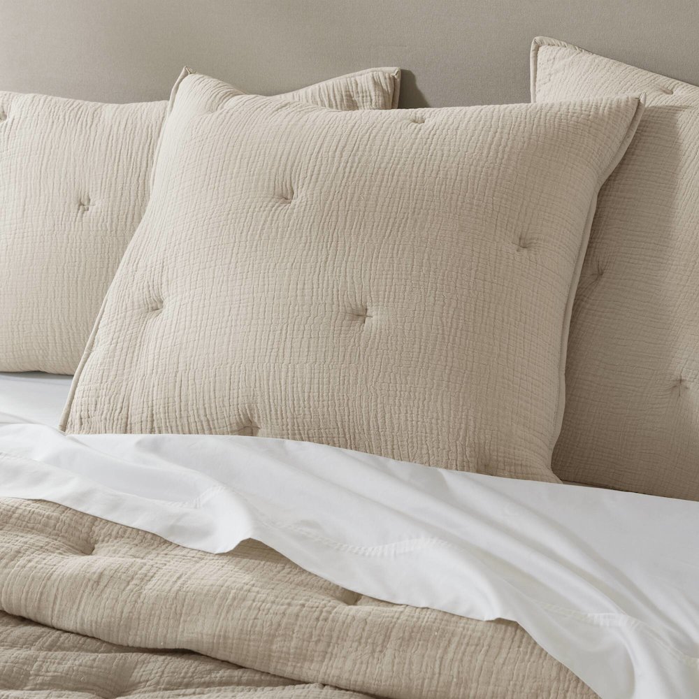 Breeze Cotton Gauze  Embroidered Euro Sham, Taupe color. Picture 1