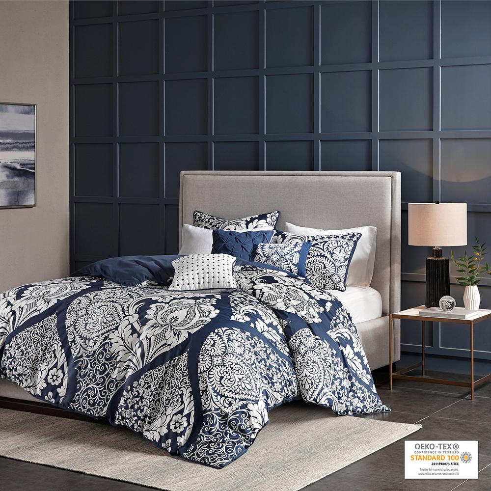 Vienna 6 Piece Printed Duvet Cover Set, Indigo color. Picture 4