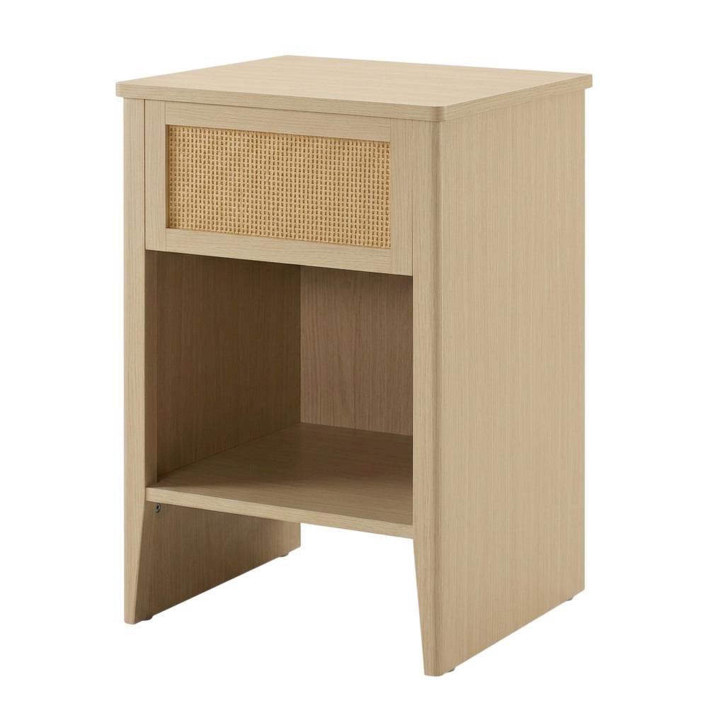Rattan Accent Side Table with Drawer Storage and Open Shelf. Picture 1