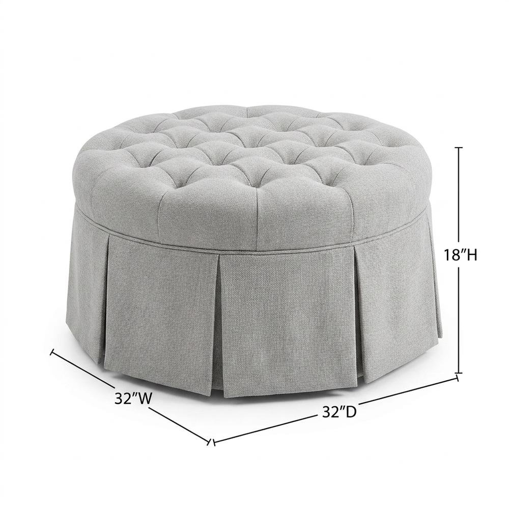 Light Blue Tufted Round Ottoman, Skirted Seat for Bedroom. Picture 7