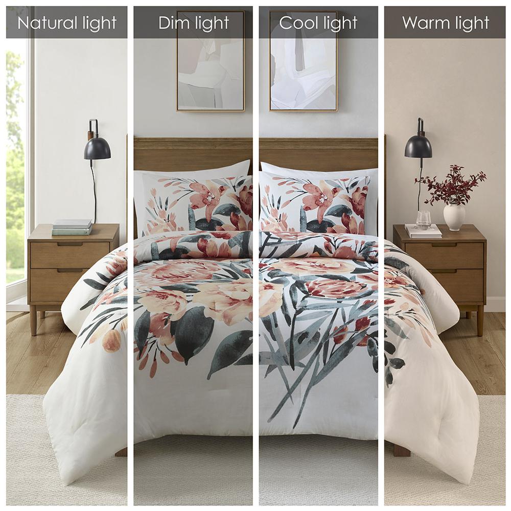 Dahlia 3 Piece Floral Cotton Comforter Set, Peach/Off-White color. Picture 5