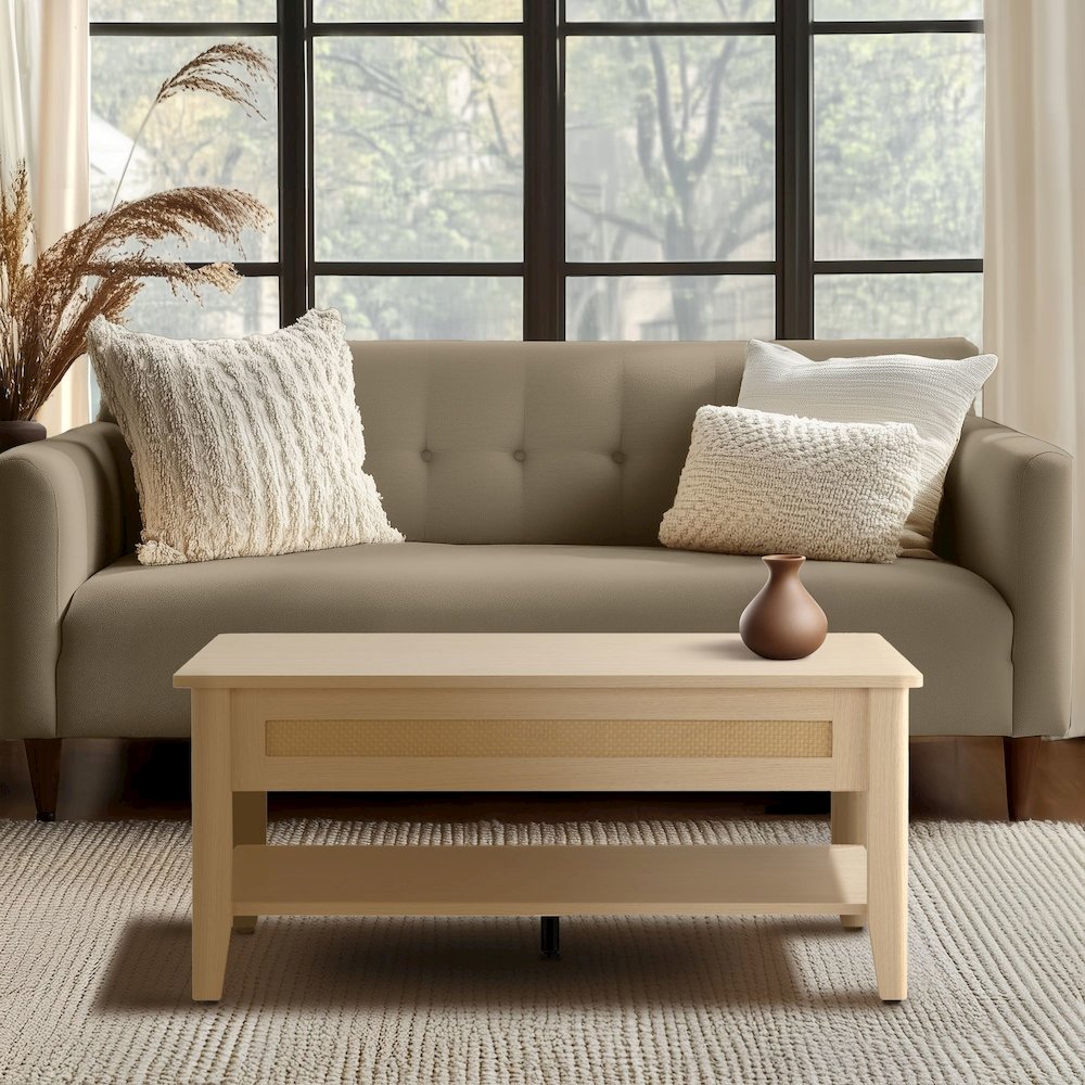 Rattan Lift-Top Coffee Table with Storage & Lower Open Shelf. Picture 1