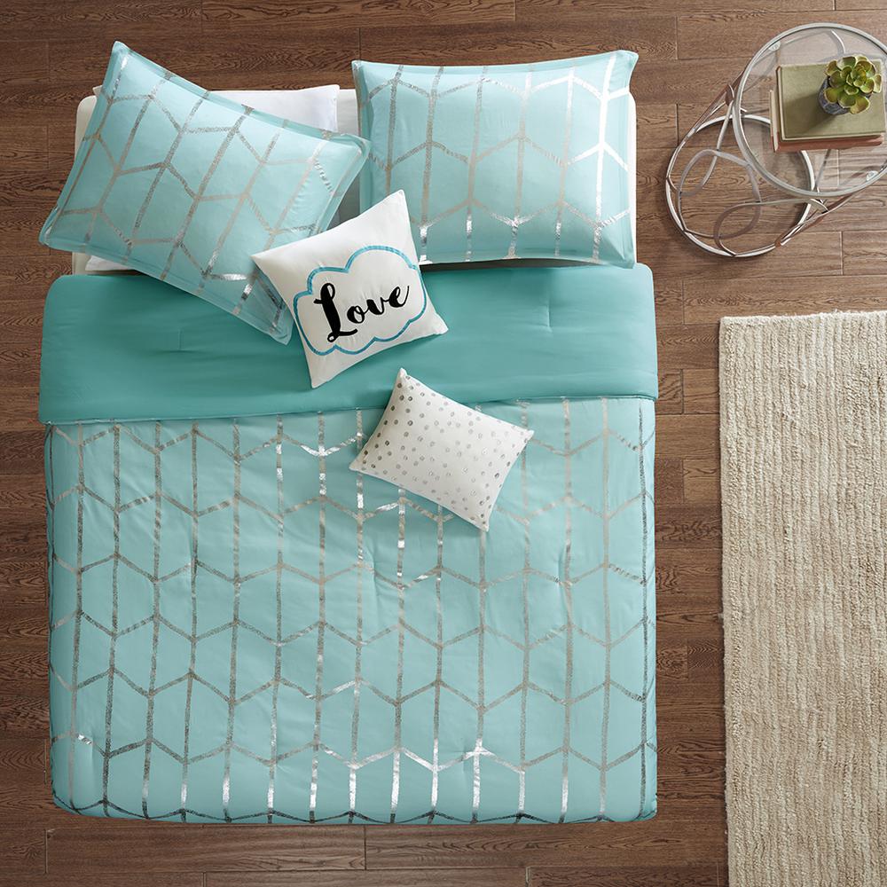 Raina Metallic Printed Comforter Set, Aqua/Silver color. Picture 2