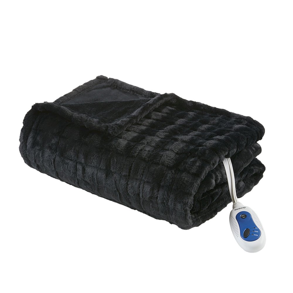 Zuri Oversized Faux Fur Heated Throw in Black Texture. Picture 2