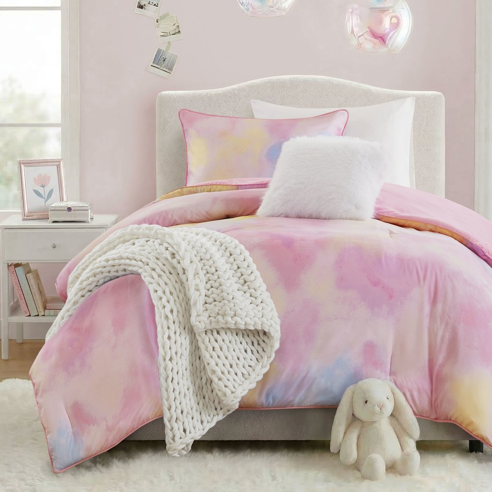 Cassiopeia Watercolor Tie Dye Printed Comforter Set with Throw Pillow. Picture 1