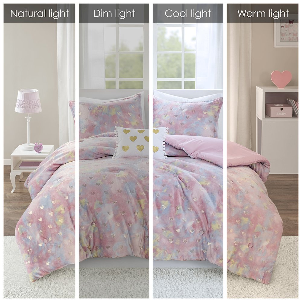 Metallic Printed Plush Comforter Set with Throw Pillow in Pink Multi/Gold Color. Picture 3