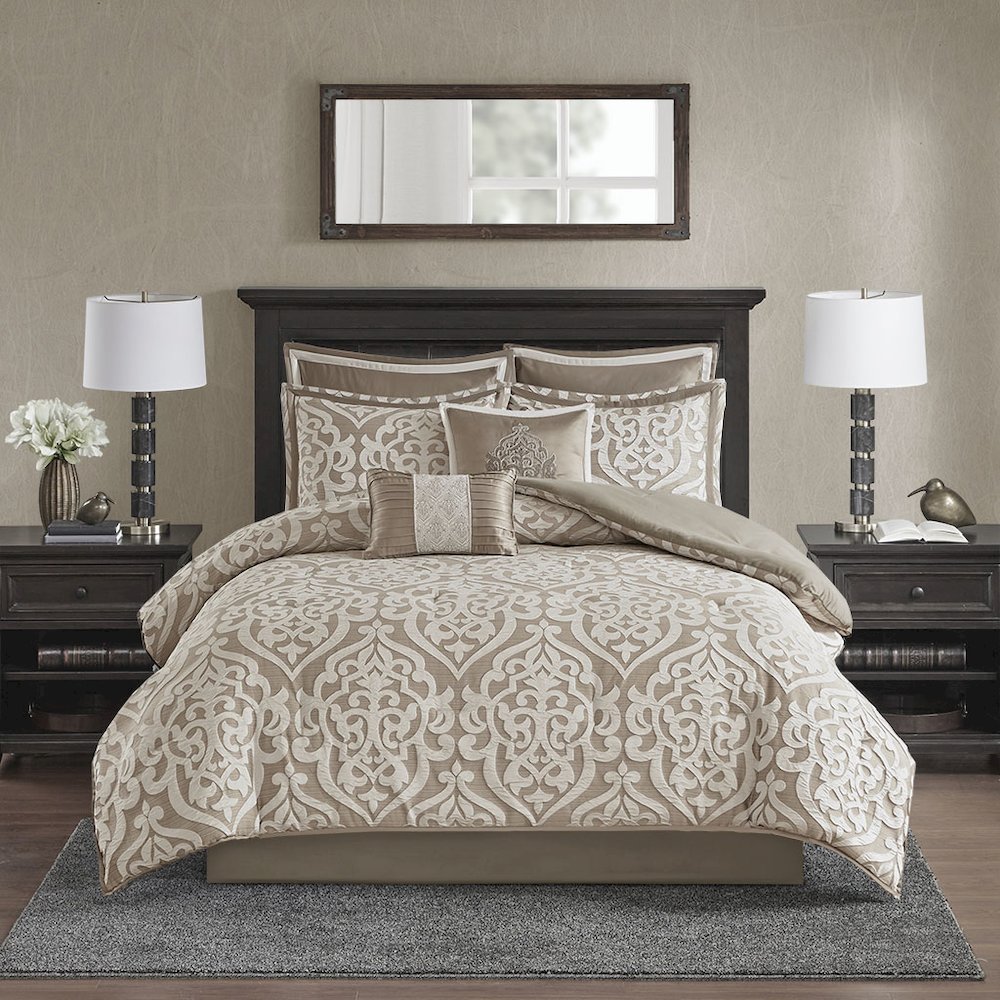 Odette 8 Piece Jacquard Comforter Set, Tan/Ivory color. Picture 2
