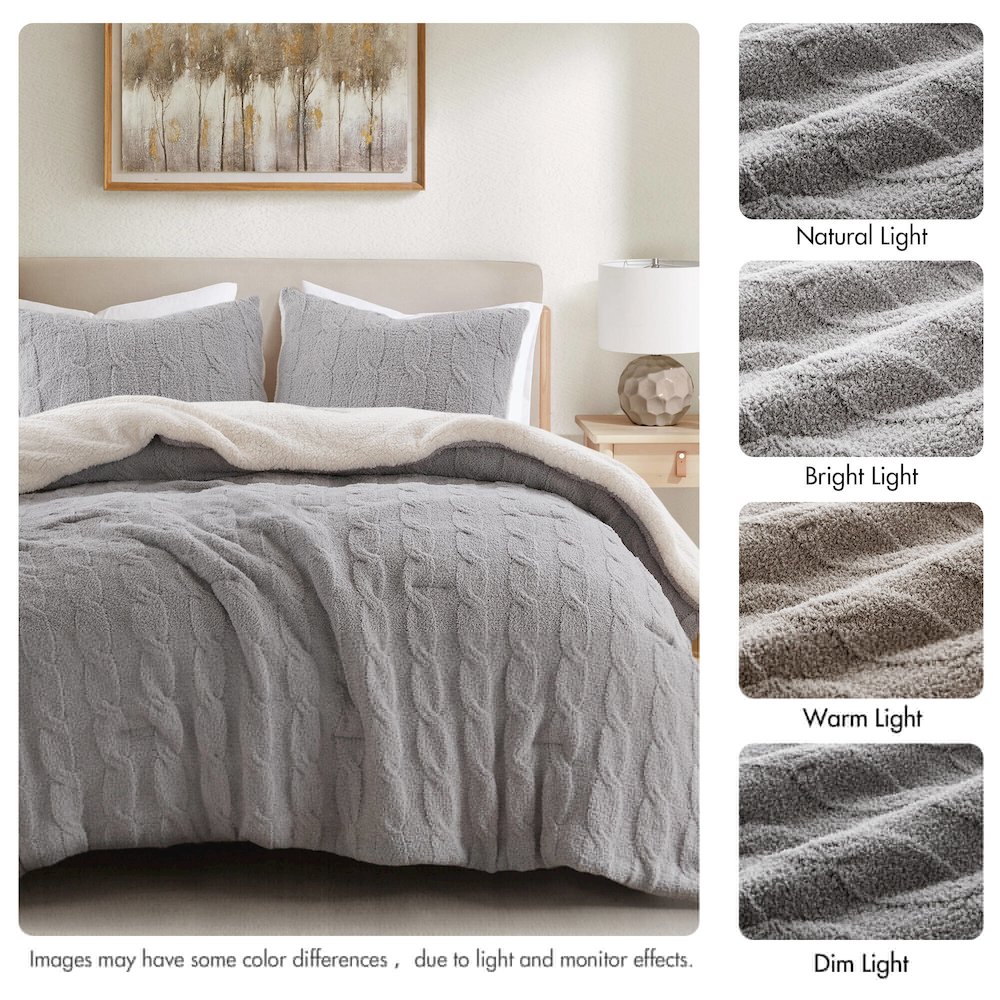 Riordan Cable Knit Chenille Comforter Set, Gray color. Picture 2