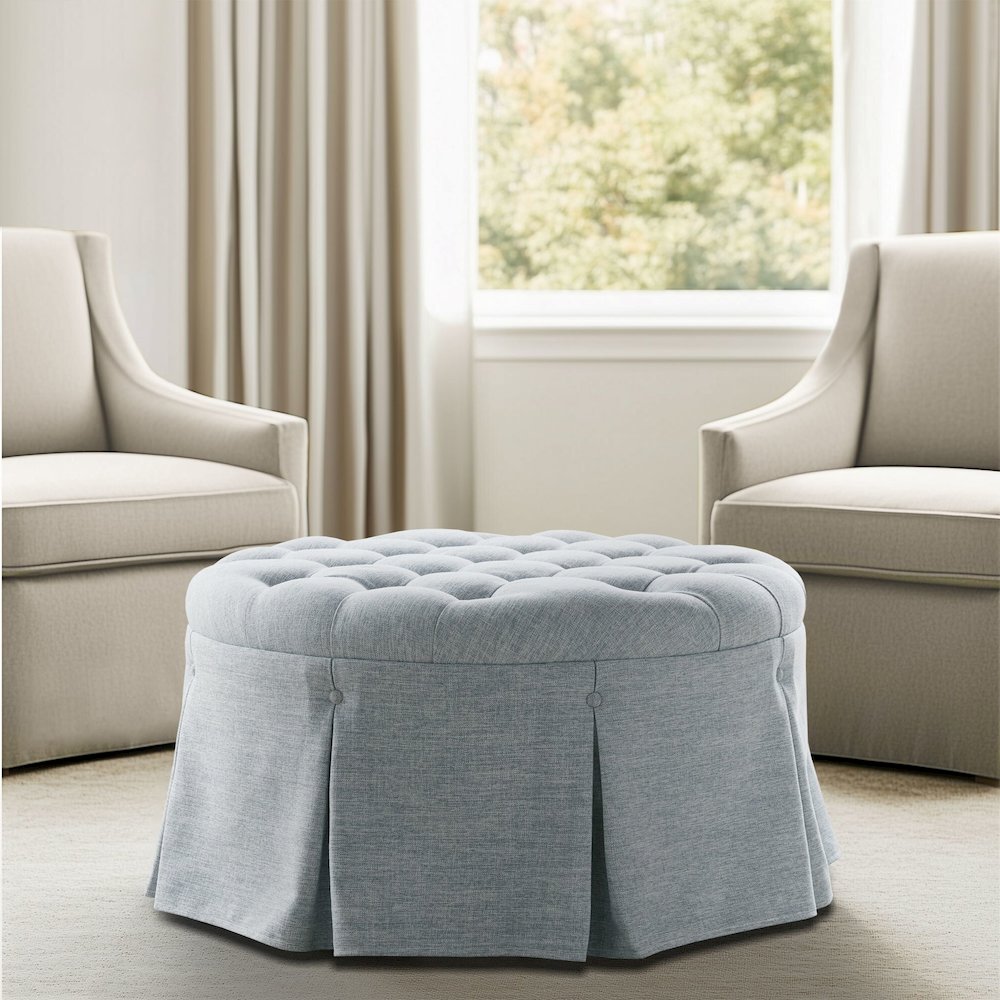 Terri Skirted Tufted 32" Round Ottoman, Light Blue color. Picture 5
