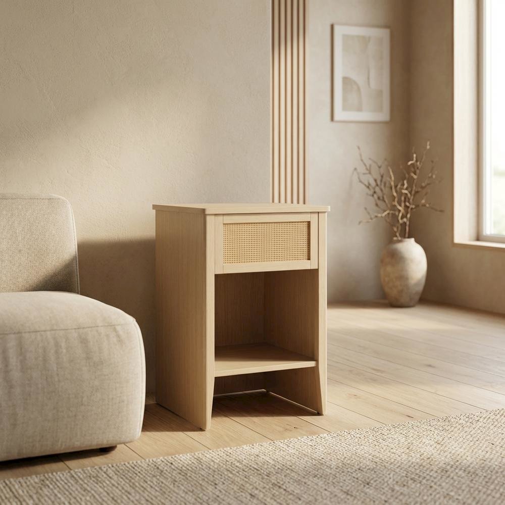 Rattan Accent Side Table with Drawer Storage and Open Shelf. Picture 2