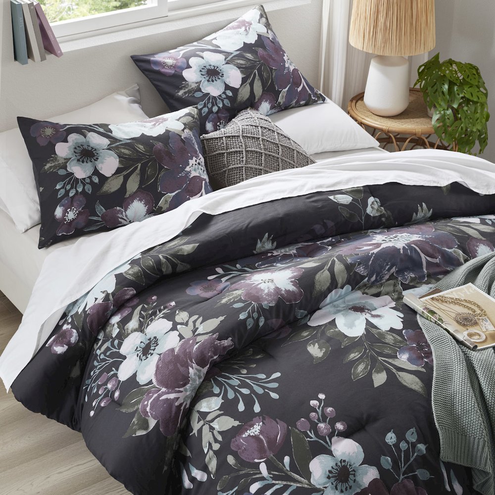 Jolene 3 Piece Cotton Printed Comforter Set, Dark Grey/Plum color. Picture 4