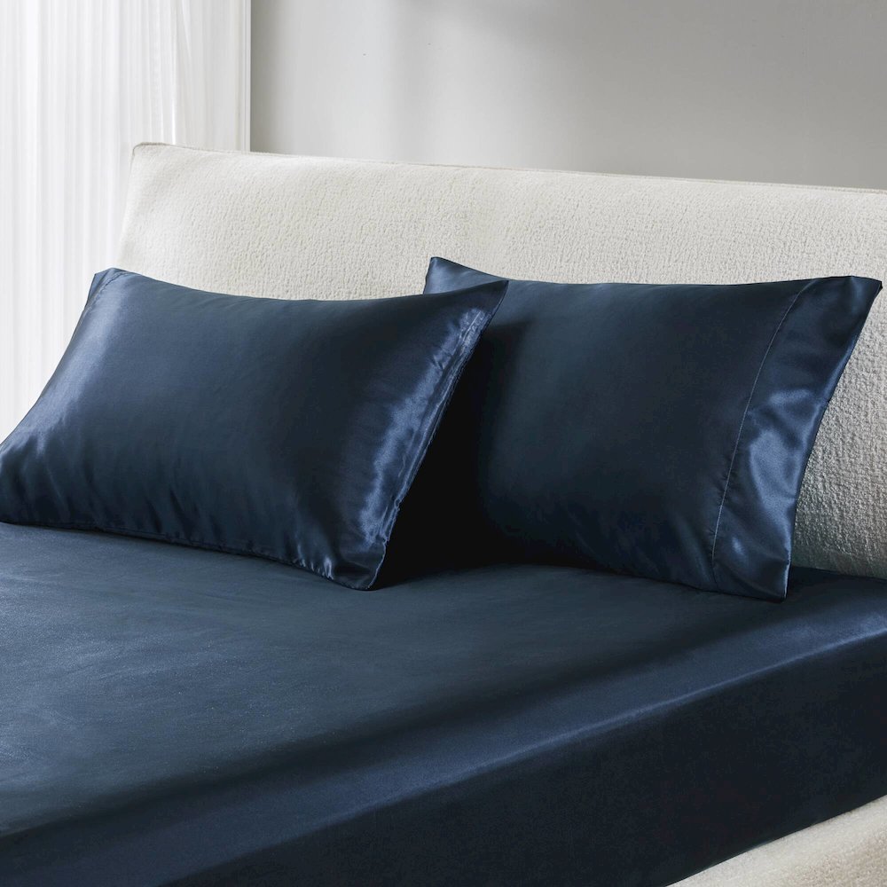 Satin Luxury 2 PC Pillowcases in Midnight Blue. Picture 1