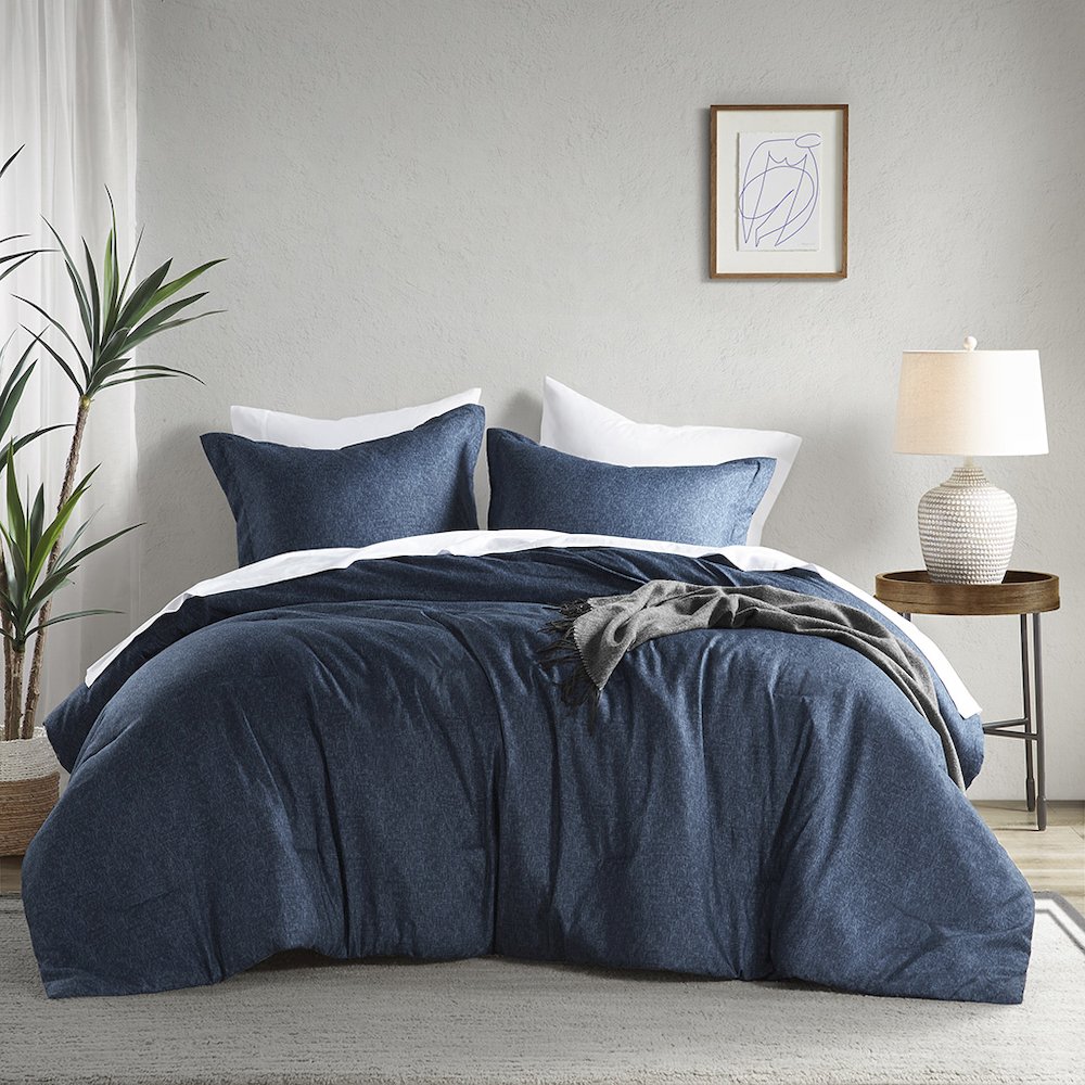 Camden Chambray Print Solid Comforter Set, Navy color. Picture 1