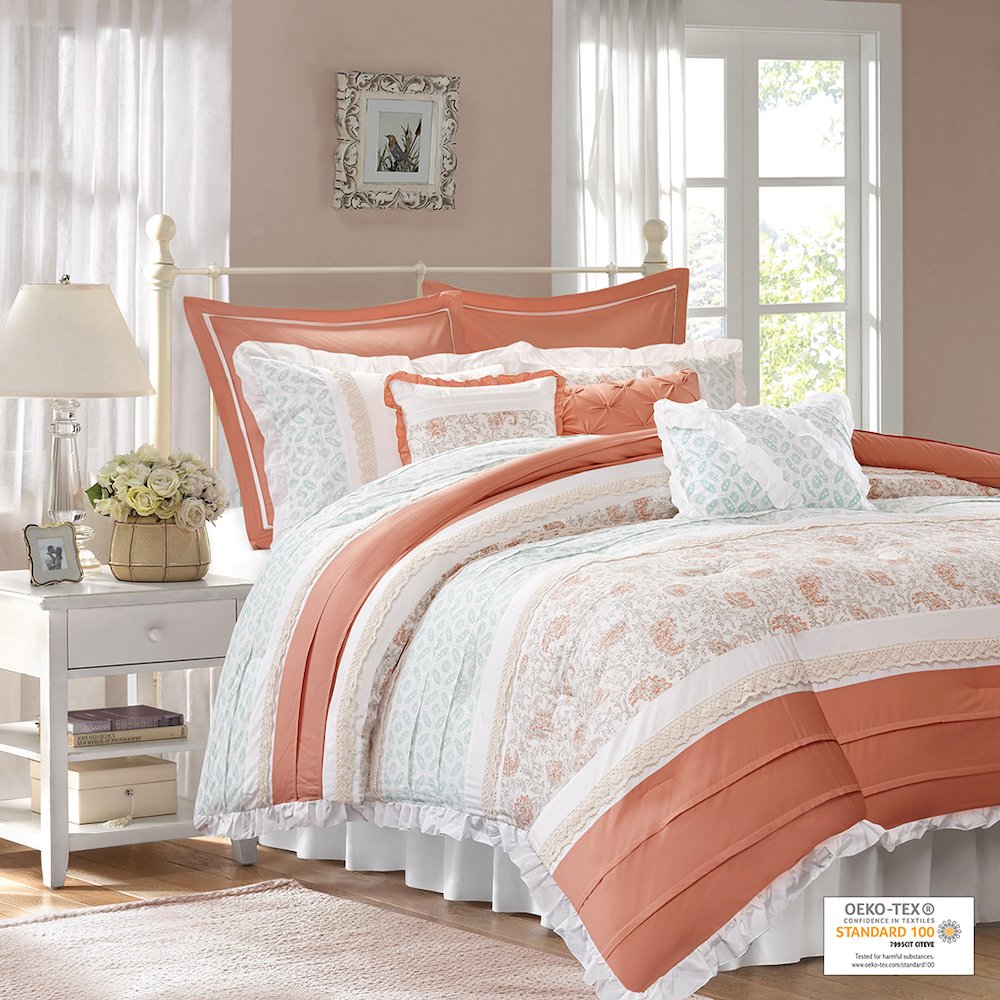 Dawn 9 Piece Cotton Percale Comforter Set, Coral color. Picture 1