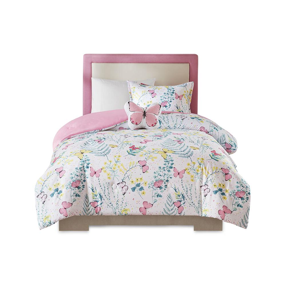 Cynthia Printed Butterfly Comforter Set, Pink color. Picture 3