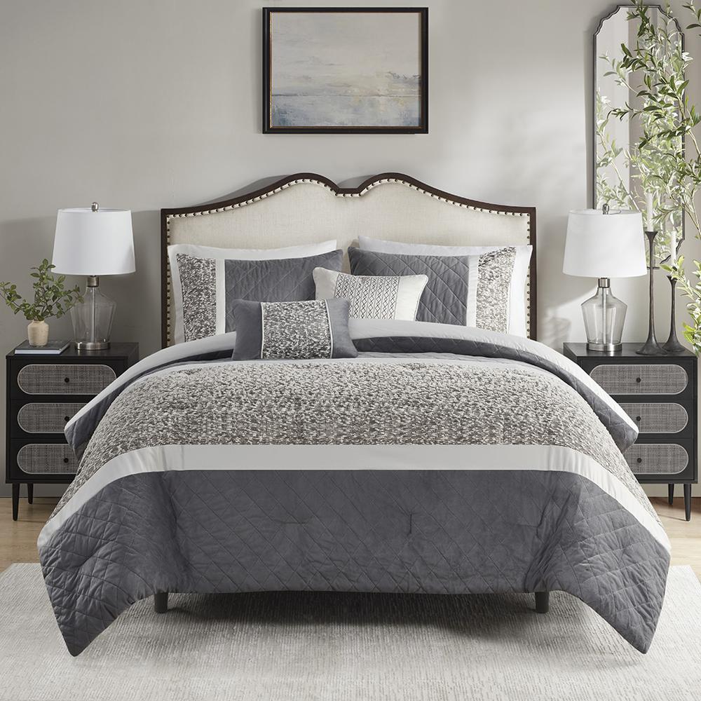 5 Piece Textured Jacquard Stripe Comforter Set with Throw Pillows. Picture 3