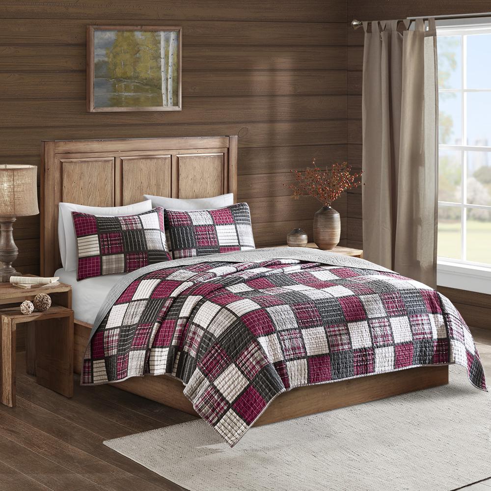 Tulsa Oversized Plaid Print Cotton Quilt Set, Red/Grey color. Picture 4