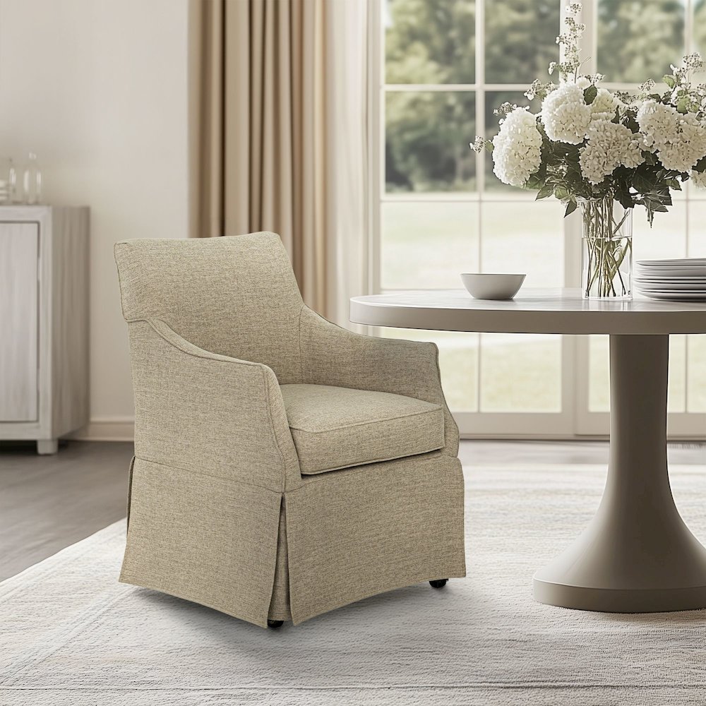 Upholstered Skirted Dining Arm Chair with Hidden Casters. Picture 2