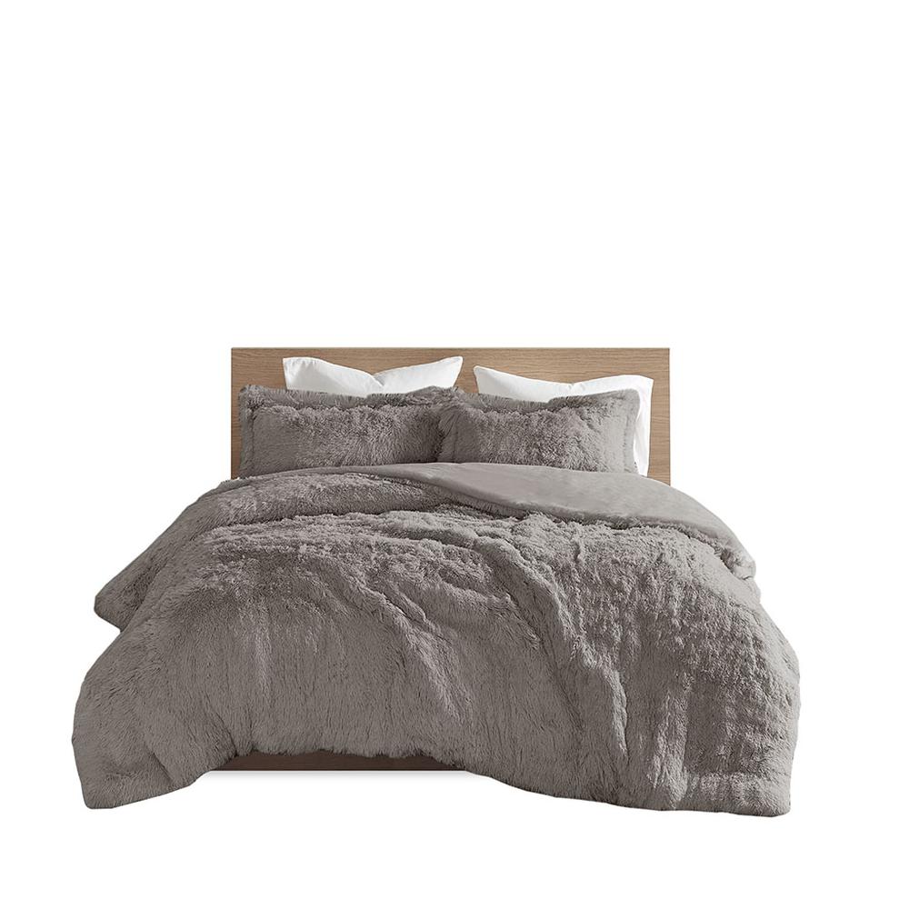 Malea Shaggy Fur Duvet Cover Set, Grey color. Picture 3