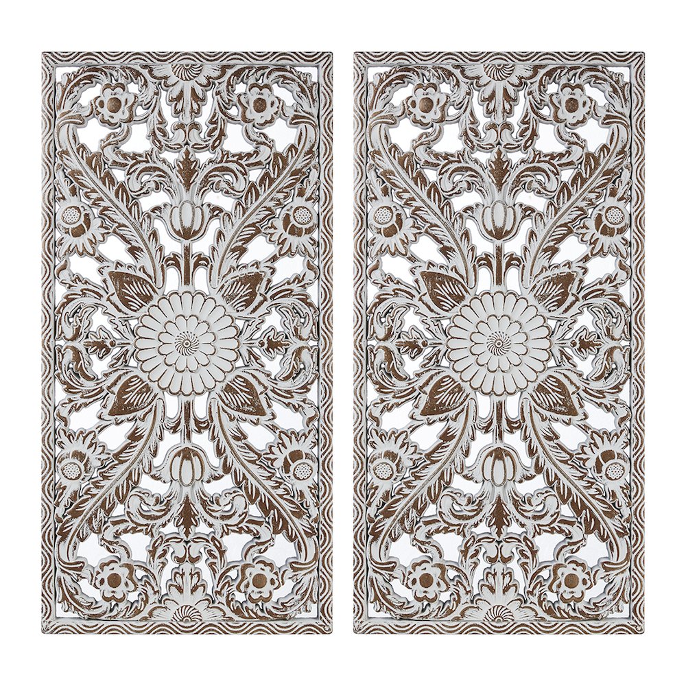 Botanical Panel Distressed Carved Wood 2-piece Wall Decor Set. Picture 1