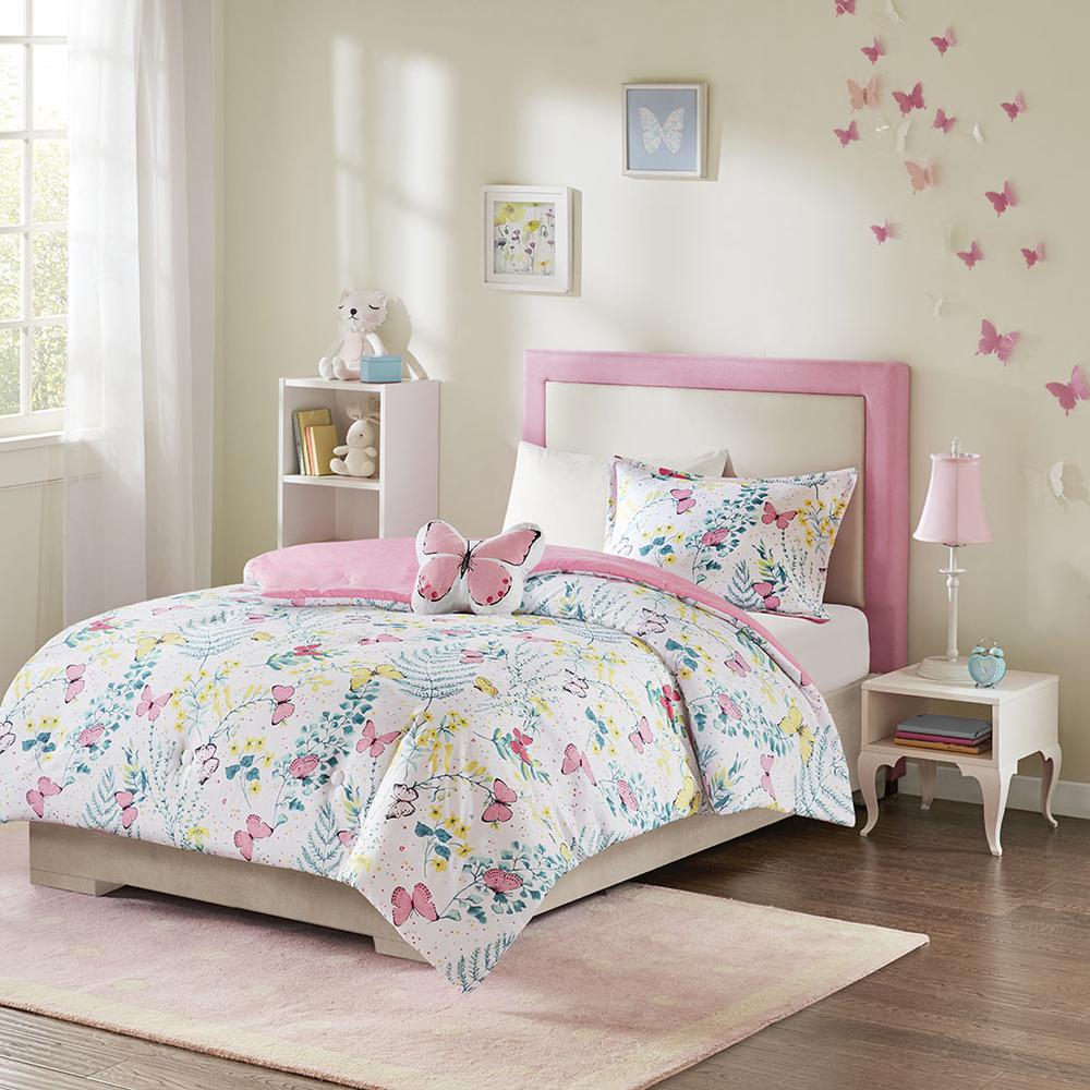Cynthia Printed Butterfly Comforter Set, Pink color. Picture 4
