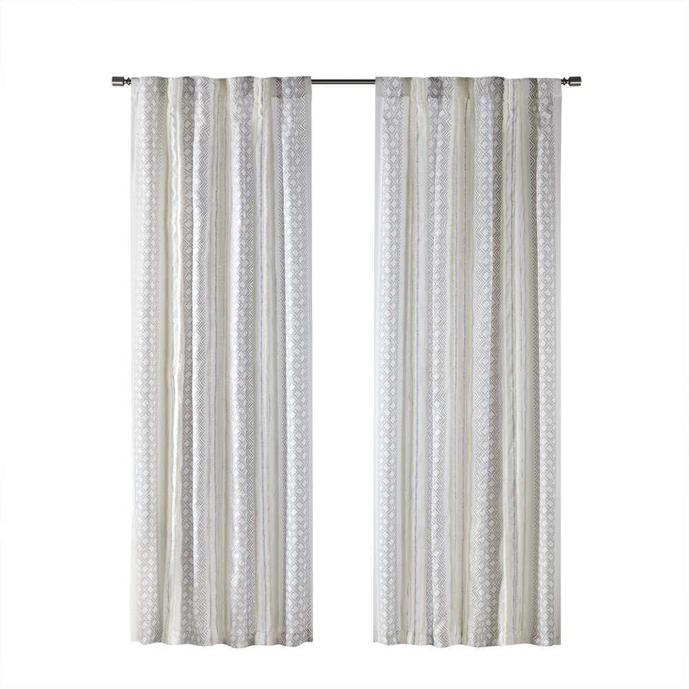 Ebby 2pk Poly Printed Curtain Panel with Tufted Stripe in White/Taupe Color. Picture 1