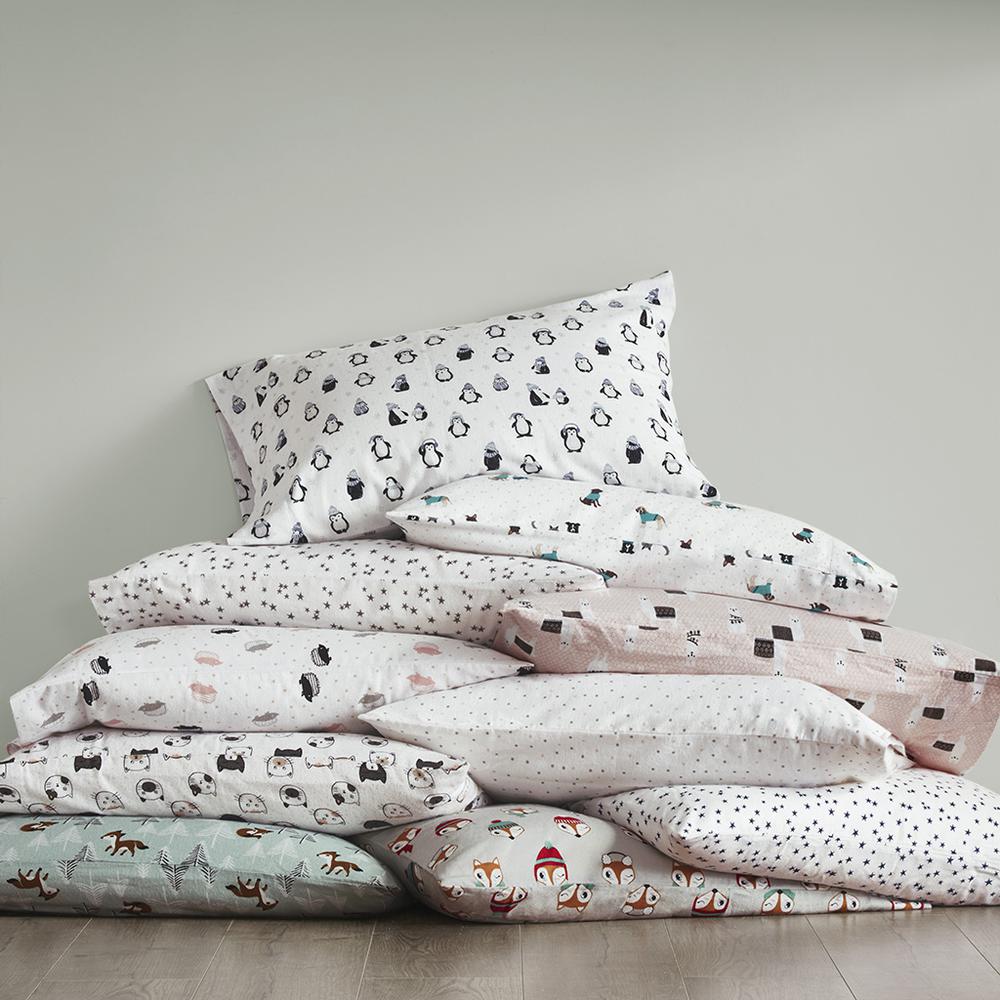 Cozy Soft Cotton Flannel Printed Sheet Set, Grey/Pink Cats color. Picture 5