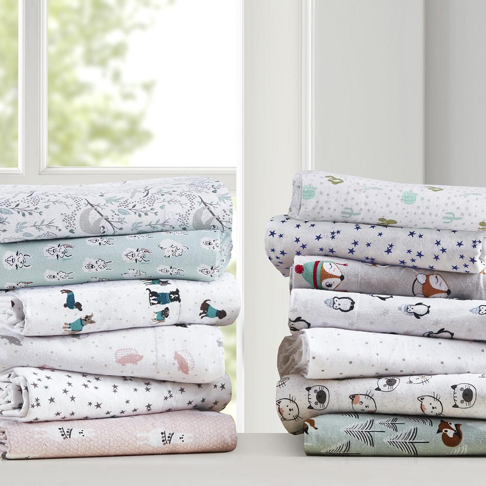 Cozy Soft Cotton Flannel Printed Sheet Set, Grey/Pink Cats color. Picture 1