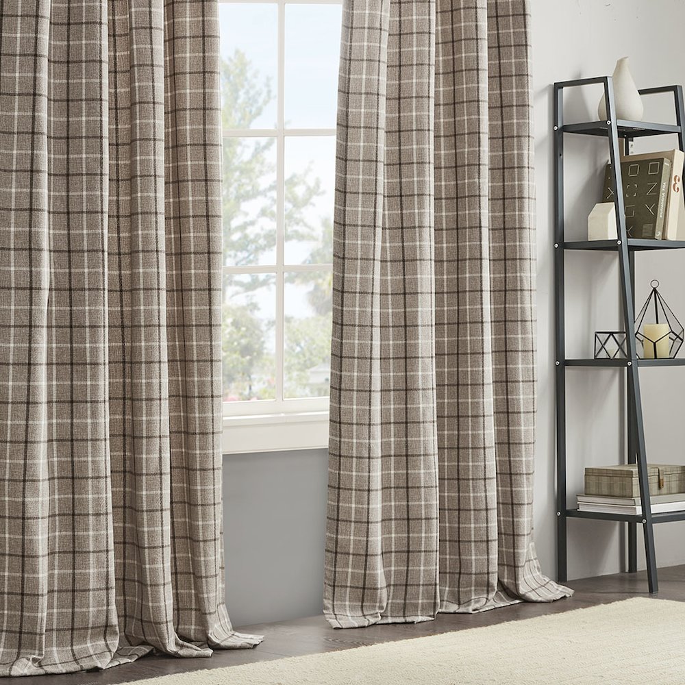 Plaid Rod Pocket and Back Tab Curtain Panel with Fleece Lining. Picture 1