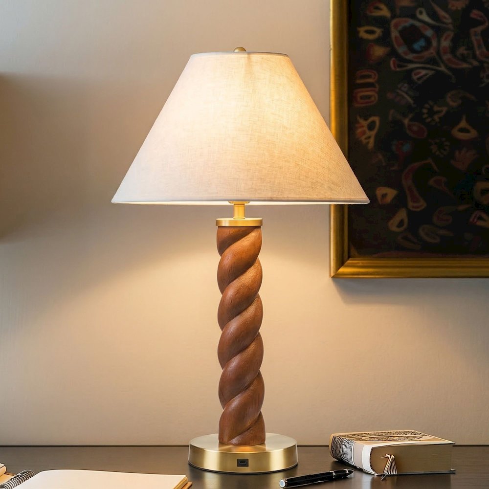 Helixia Twisted Faux Wood Table Lamp with USP C Port. Picture 1
